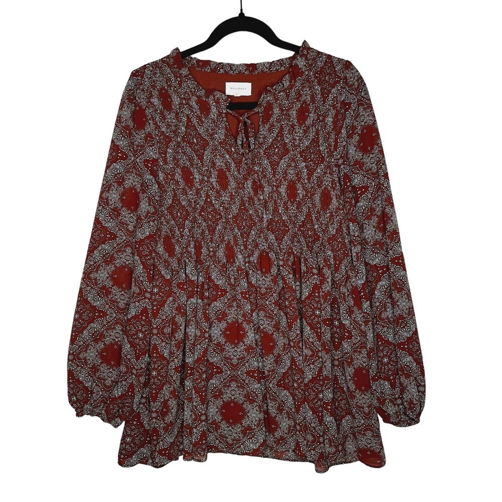 Melloday Large Boho Top Shirt Peasant Blouse Long Sleeve Paisely Smocked Flowy